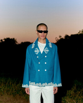 Sachit Gurung model wearing blue embroidered jacket and sunglasses for PERTE D’EGO fashion campaign, represented by ALF modeling agency in India 