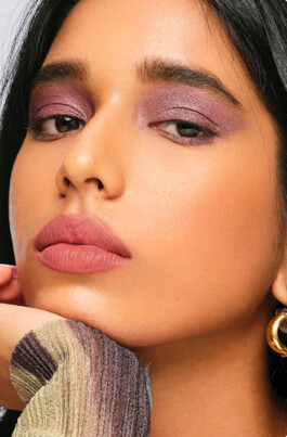 Close-up of Dipannita Bhuyan wearing lavender shimmer eyeshadow and soft pink lipstick for Kult Beauty 