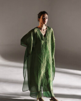Medhavi Chettri models a textured green kaftan with pants for Mimamsaa 