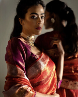 Medhavi Chettri wearing a red and pink silk saree with choker necklace, Mimamsaa fashion campaign 