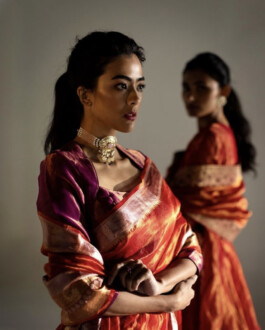 Medhavi Chettri in a red and pink silk saree with traditional choker necklace, Mimamsaa campaign close-up 