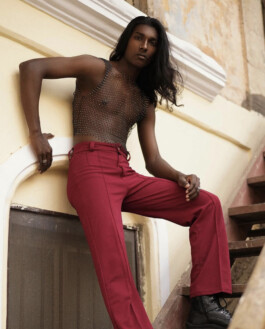 Savio Fedrick poses in red pants and mesh top on outdoor staircase – model represented by ALF, top modeling agency in India 