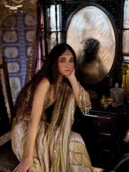Model Deepika Sagar sitting beside an antique mirror wearing a gold embellished outfit for an ITRH campaign. 