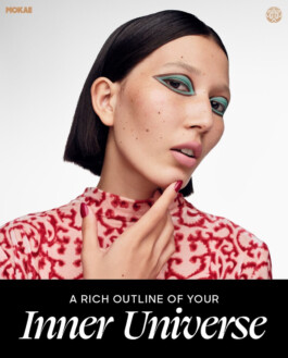 Ngawang Jinpa poses in a bold makeup look with graphic teal eyeliner for Mokae beauty campaign, represented by ALF modeling agency India 