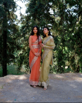 Medhavi Chettri and Deepika Sagar wearing embellished sarees in a forest setting for the Bruhi Pant Bhor campaign 