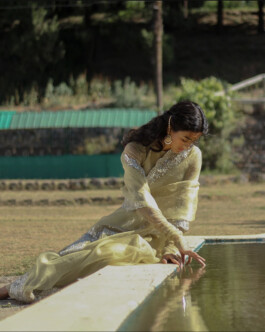 Medhavi Chettri in an embellished green saree touching the water beside a pool during the Bruhi Pant campaign 