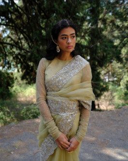 Medhavi Chettri wearing a pastel green embroidered saree in a forest setting for Bruhi Pant's campaign 