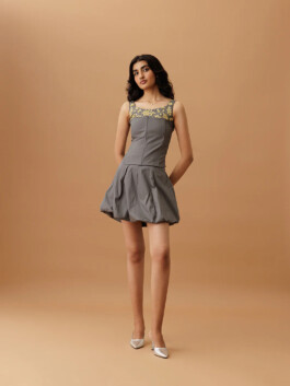 Indian model Yashvi Birla poses in grey embellished mini dress for Ose Studios lookbook, represented by ALF modeling agency 