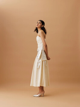 Yashvi Birla posing in a structured ivory dress for Ose Studios lookbook – Indian fashion model at ALF 