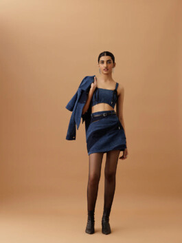 Yashvi Birla models a denim bralette and mini skirt set with stockings for Ose Studios lookbook, represented by ALF modeling agency India 