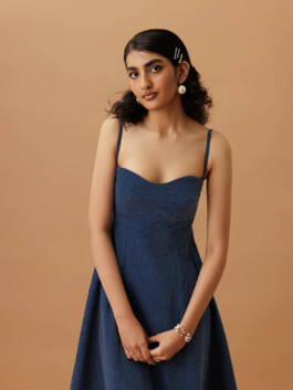 Model Yashvi Birla in a blue A-line dress for Ose Studios lookbook, represented by ALF modeling agency in India 
