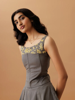 Indian fashion model Yashvi Birla wearing a grey embroidered dress in Ose Studios lookbook campaign 