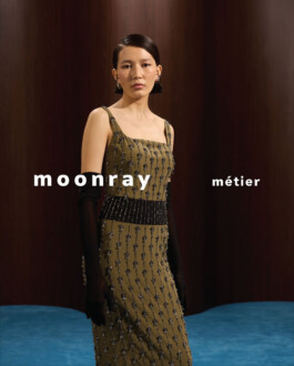 Ngawang Jinpa wearing an embellished olive gown and black gloves in Moonray Métiers fashion campaign, represented by ALF modeling agency India 