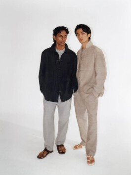 Male models Aaditya Yadav and another model pose in minimal, earthy-toned outfits for the Itoh clothing campaign; shot against a clean white backdrop. Aaditya Yadav is represented by ALF – A Little Fly, one of the best modeling agencies in India. 