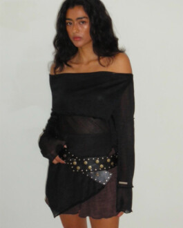 Medhavi Chettri wears a sheer black off-shoulder top with an asymmetrical hem, styled with a studded leather belt – Polysooem Lookbook 