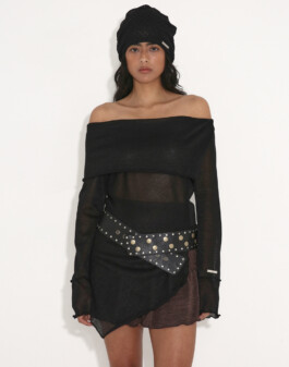 Medhavi Chettri wearing a sheer off-shoulder black top with a studded belt and knit cap – Polysooem Lookbook, represented by ALF modeling agency India 