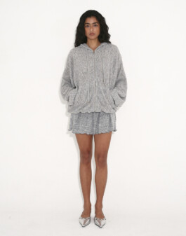 Medhavi Chettri wears a grey hoodie with matching shorts and silver heels for Polysoom. Represented by ALF modeling agency India 