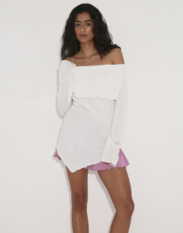 Medhavi Chettri wears a white off-shoulder tunic with lilac shorts for Polysoom’s minimal lookbook. Represented by ALF modeling agency India 