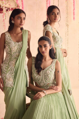 Three models, including Dimple Aggarwal, in mint green embellished Indian outfits for Seema Thukral's lookbook shoot 
