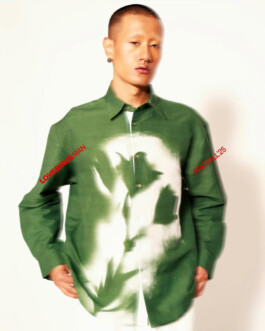 Sachit Gurung wearing a green shirt with abstract white spray design for Lovebirds Men Pre-Fall 2025 campaign, represented by A Little Fly 