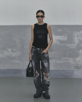 Ngawang Jinpa model in black sleeveless top and distressed denim for Alfred Spring Summer 2025 lookbook with Platinum Models Seoul, represented by ALF modeling agency in India 