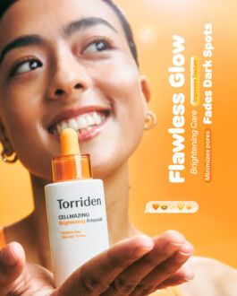 Indian model Medhavi Chettri holding Torriden Cellmazing Brightening Ampoule and smiling in a bright orange skincare campaign for A Little Fly 