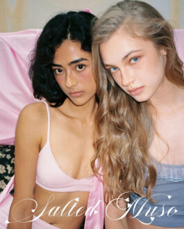 Medhavi Chettri posing closely with another model in soft pastel lingerie for the Salted Muse campaign, feminine and intimate aesthetic; represented by ALF India modeling agency. 
