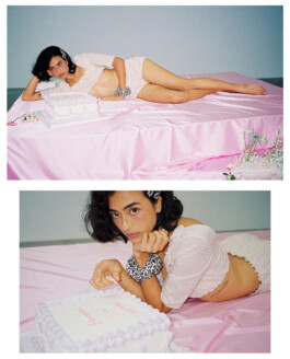 Medhavi Chettri posing on a pink satin bed beside a decorative cake for the Salted Muse campaign, wearing a soft white co-ord set; represented by A Little Fly (ALF) India modeling agency. 