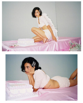 Medhavi Chettri posing in soft pastel lingerie with angel wings beside a decorative cake for the Salted Muse campaign; represented by A Little Fly (ALF) India modeling agency. 